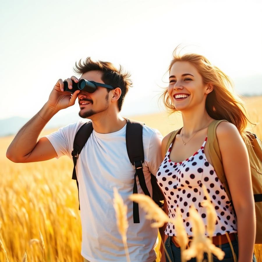 Casal em caminhada observando a paisagem com binóculos
